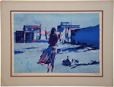 Nicola Simbari (Italian, 1927-2012) Lithograph Girl walking in Village