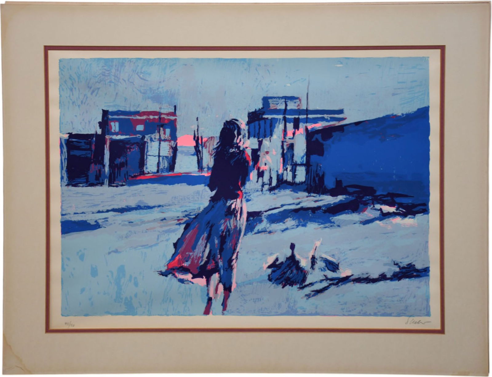 Nicola Simbari (Italian, 1927-2012) Lithograph Girl walking in Village: Nicola Simbari (Italian, 1927-2012) Lithograph Girl walking in Village Pencil Signed and Numbered 95/150 Some toning. Unframed (Loose can be rolled for shipping) Overall matte size 27 x 34