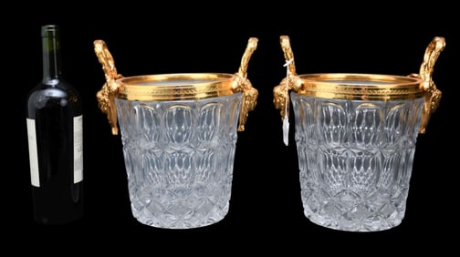 Pair of Baccarat-Style Mounted Glass Champagne Ice Buckets - 20th century. A pair of cult glass ice