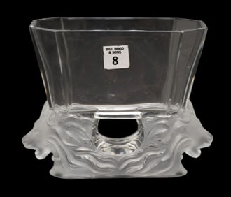 Lalique France Crystal Vase, "Venise" Double Lion Head Octagonal Bowl/Vase, 6 1/2"h x 9"w x 4"d