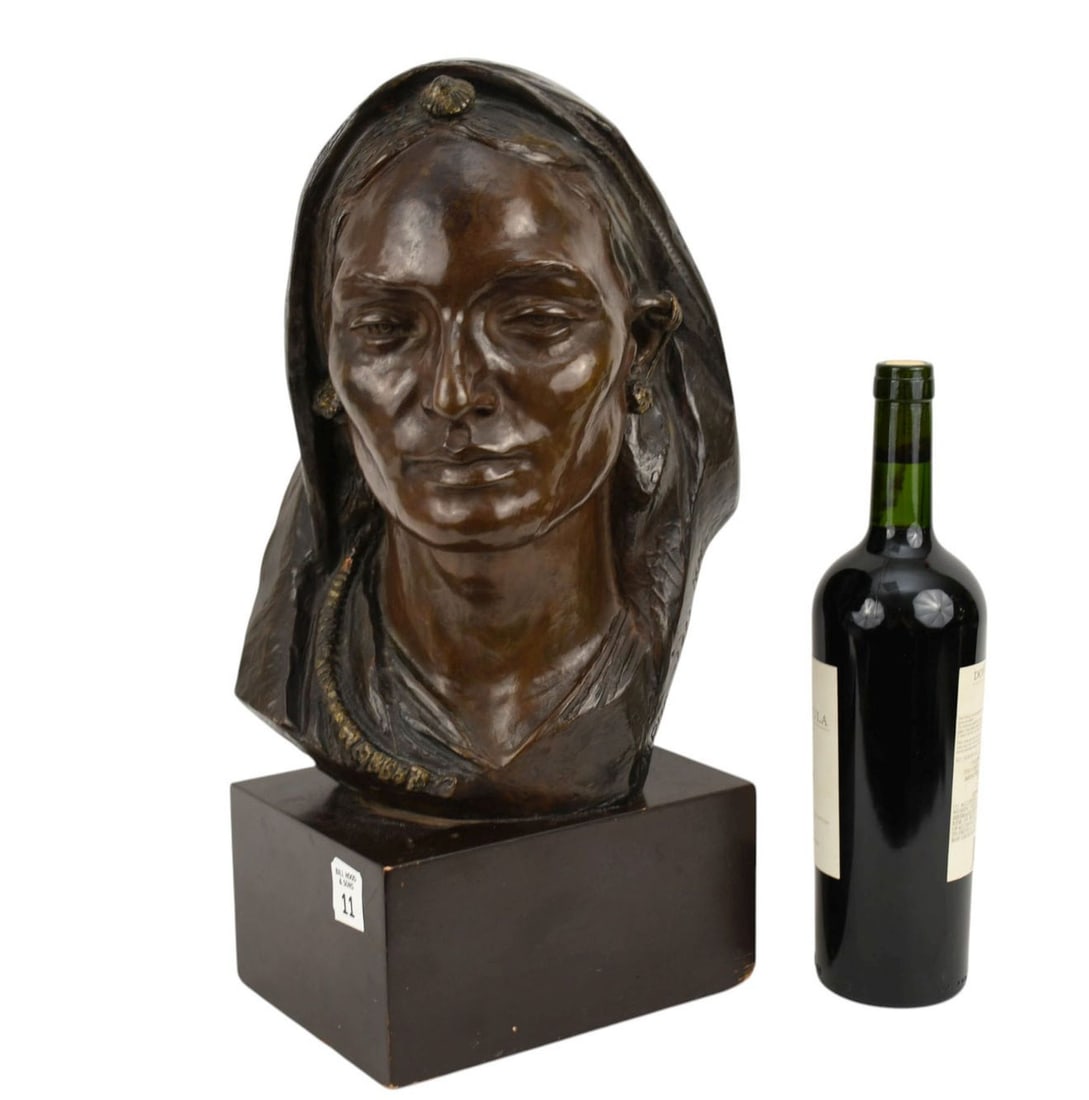Malvina Hoffman (1887-1966) Bronze Bust "Jaipur" - Patinated bronze bust of a woman from Jaipur,: Malvina Hoffman (1887-1966) Bronze Bust "Jaipur" - Patinated bronze bust of a woman from Jaipur, India. Inscribed JAIPUR 1932 M. H., with foundry marks CELLINI BRONZE WORKS N-Y-. Sculpture based on th