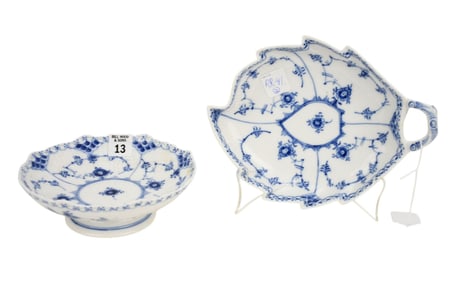 2 Royal Copenhagen Porcelain table wares, 1 leaf form dish 9 inch diameter and 1 reticulated