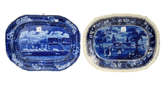 2 Blue & White Historical Transferware Platters, General Landing Lafayette (17" x 13") AND Castle