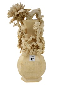 Chinese Intricately Carved Vase with Flowers, 13"h x 6"w