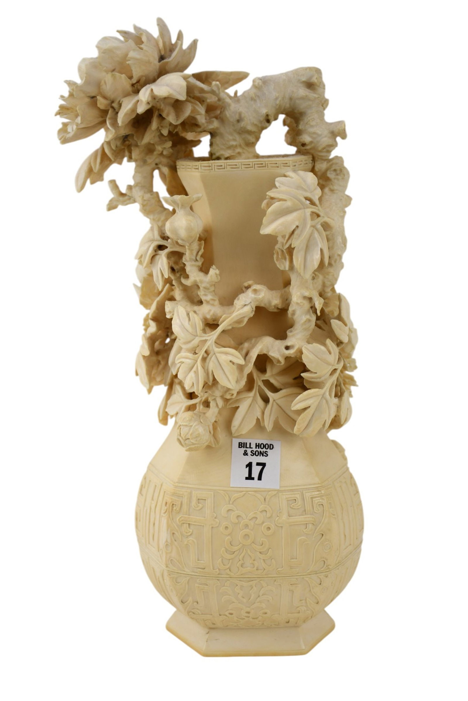 Chinese Intricately Carved Vase with Flowers, 13"h x 6"w: Chinese Intricately Carved Vase with Flowers, 13"h x 6"w
