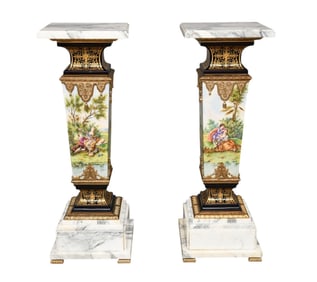 Pair Sevres Style Porcelain Pedestals - A pair of French Sevres style contemporary pedestals. Each