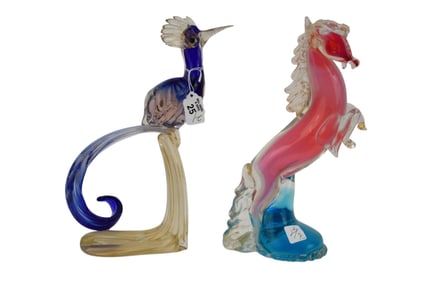 2 Vintage Murano Art Glass Pcs. Pink Rearing Horse (13"h x 5"w) AND Cobalt Blue Peacock