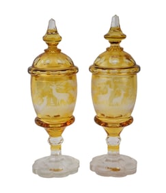 Pair Covered Pedestal Glass Candy Dishes, Amber Etched Woodland Scene Fluted Bases, Fitted Base,