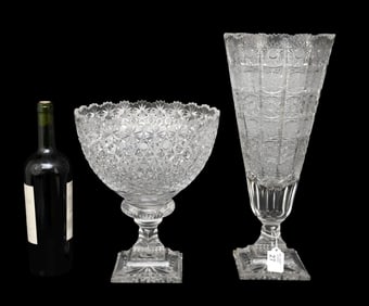 2 Cut Glass Tableware's, Large Pedestal Bowl (11"h x 9 1/2"w) AND Tapering Vase (16 1/2"h x 7"w)1