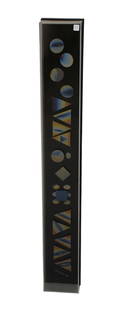 Greg Copeland (American 20th c.) 3 Dimensional Iridescent Sculpture in Acrylic Shadow Box with Black: Greg Copeland (American 20th c.) 3 Dimensional Iridescent Sculpture in Acrylic Shadow Box with Black Backround, dated 84', 56"h x 8"w x 5"d