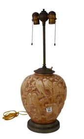 Bulbous Form 1930's Lamp, Birds Surrounding in Relief, 23" high x 9.5" Dia