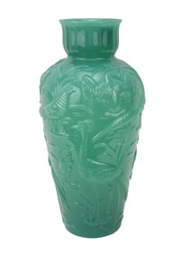 Gillander Glass Co. Vase, 1930's, Jade Color with Birds Surrounding, 16"h x 8"w