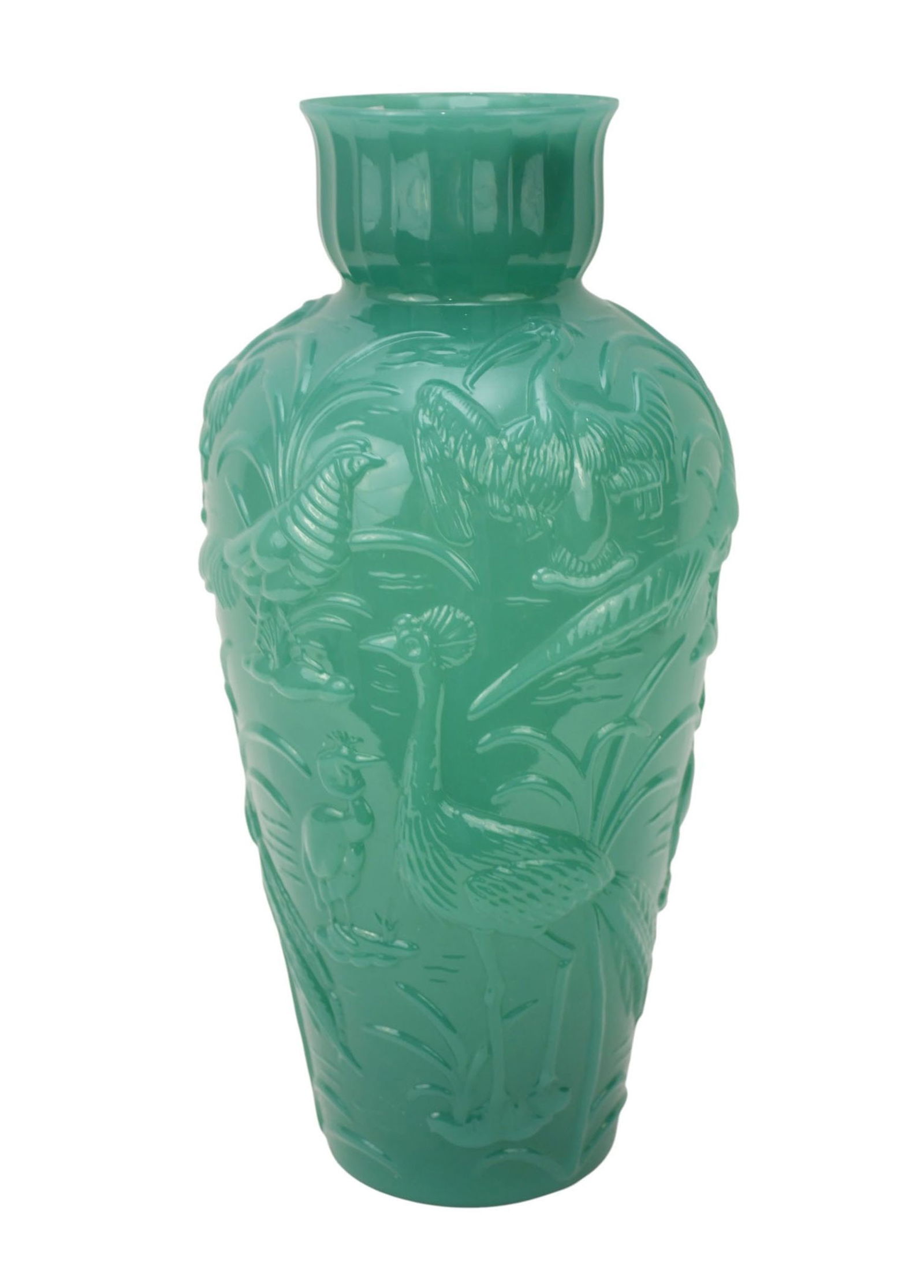 Gillander Glass Co. Vase, 1930's, Jade Color with Birds Surrounding, 16"h x 8"w (1 of 7)
