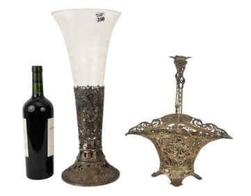 Victorian Silverplate Brides Basket (11"h handle extended x 13"w) AND Vase with Etched Glass in