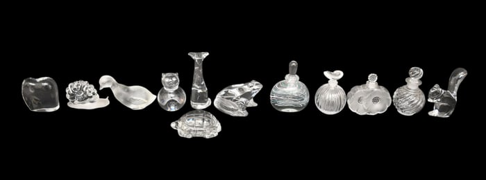 8 Baccarat Crystal Glass Pcs, Lalique Perfume,  Art Glass Perfume Signed AND 2 Unsigned Pcs, 5"