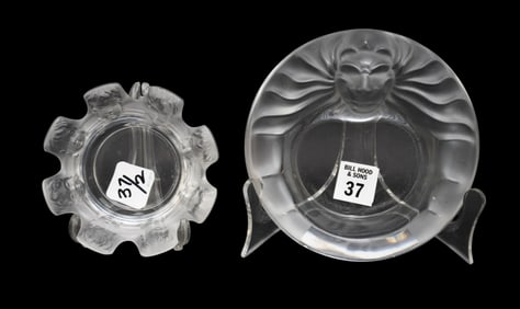 2 Lalique Pin/Ashtrays, Lion 2"h x 6"dia AND Other 1/2"h x 4 1/2"dia