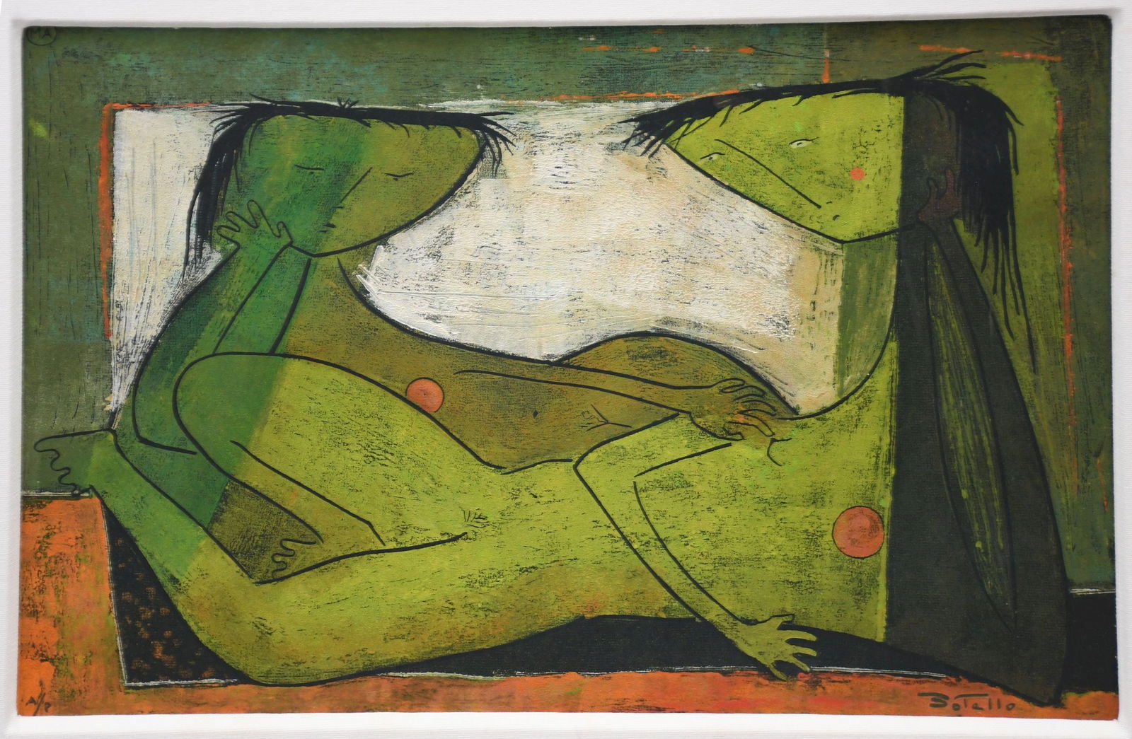 Angel Botello (Puerto Rican, 1913-1986) Linocut Reclining Figures, Artist Proof, Signed Botello: Angel Botello (Puerto Rican, 1913-1986) Linocut Reclining Figures, Artist Proof, Signed Botello (lower right) AP on left and MA at top left. Sight size 17 3/4 x 23 1/2 inches. overall frame size 26 1/