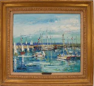 Yoland Ardissone (French, b. 1927) Oil on canvas, Sailboats in a harbor, small remnant of Wally