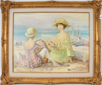 Jacques Lalande (French,1921-2003) oil on canvas painting, "Conversation" Sur La Plage. Signed