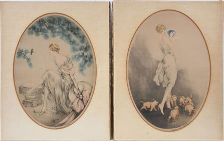 2 Unframed Louis Icart (French, 1888-1950) colored etchings, lady with a bird and lady with dogs,