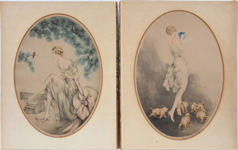 2 Unframed Louis Icart (French, 1888-1950) colored etchings, lady with a bird and lady with dogs,: 2 Unframed Louis Icart (French, 1888-1950) colored etchings, lady with a bird and lady with dogs, oval sight size 17 x 13 inches. Overall size 21 x 18 inches.