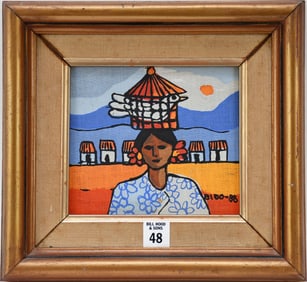 Candido Bido (Dominican, 1936-2011) oil on canvas, Bird seller - 88. painting is 6-1/4 x 7-1/4