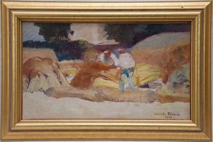 Claude Firmin (French, 1864-1944) filled with hay workers oil on canvas 11 x 18 inches dated 1906,
