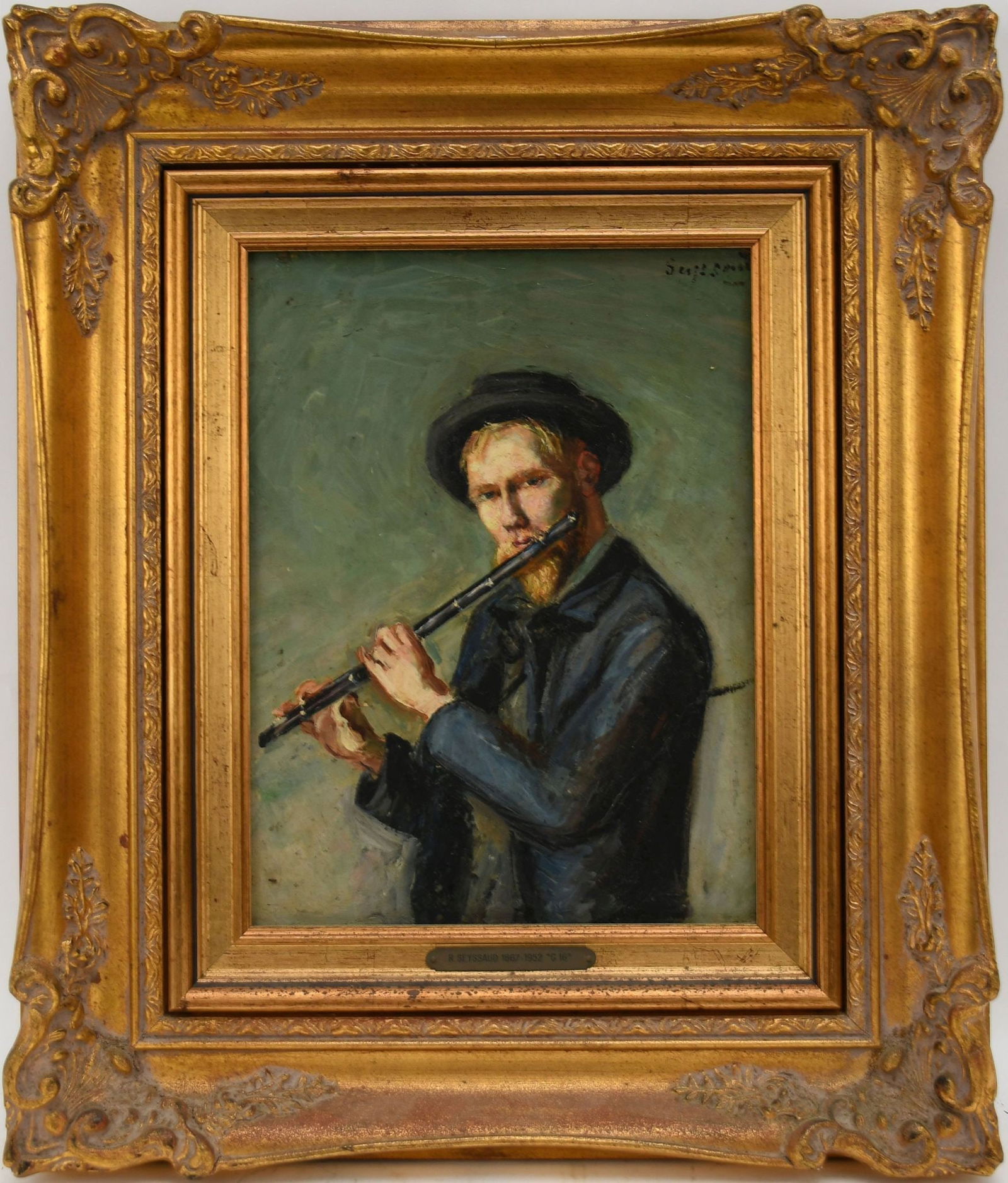 Rene Seyssaud (France 1867 - 1952) oil on cardboard, man playing flute, signed upper right, painting (1 of 8)