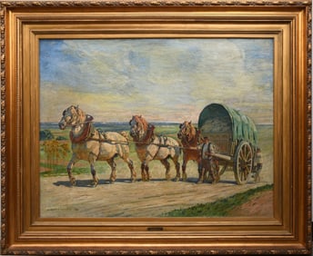Andre Fremond horse and carriage signed and dated '33, painting 35 x 46 inches overall frame size 49