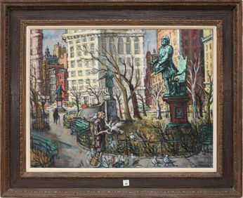 Phillip Reisman Sunday 1960, oil on Masonite New York City titled pigeon woman New York museum label