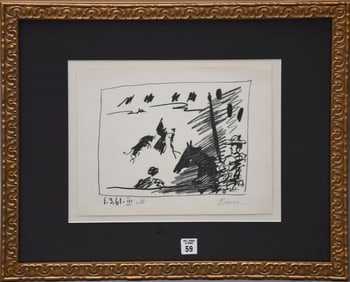 Pablo Picasso, black-and-white lithograph of a Bull Fight. Titled- Pass with the Cape, pencil