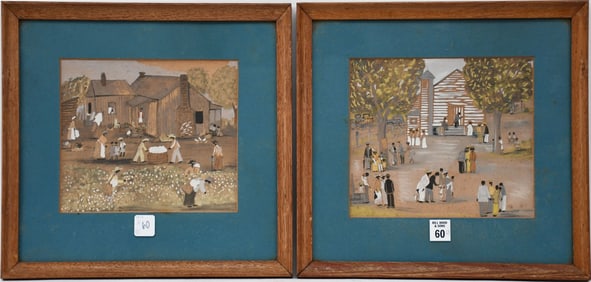 Pair folk art gouache Paintings signed Gina dated 1950. Church goers and Cotton pickers, site size
