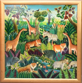 Daniel Louis (Haiti 1955) oil on canvas, JUNGLE SCENE, painting Approx. 48 x 48 inches. Overall