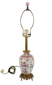 Chinese Porcelain Melon Shape Lamp with Floral Enameling Design & Carved Stone Finial, 25"h