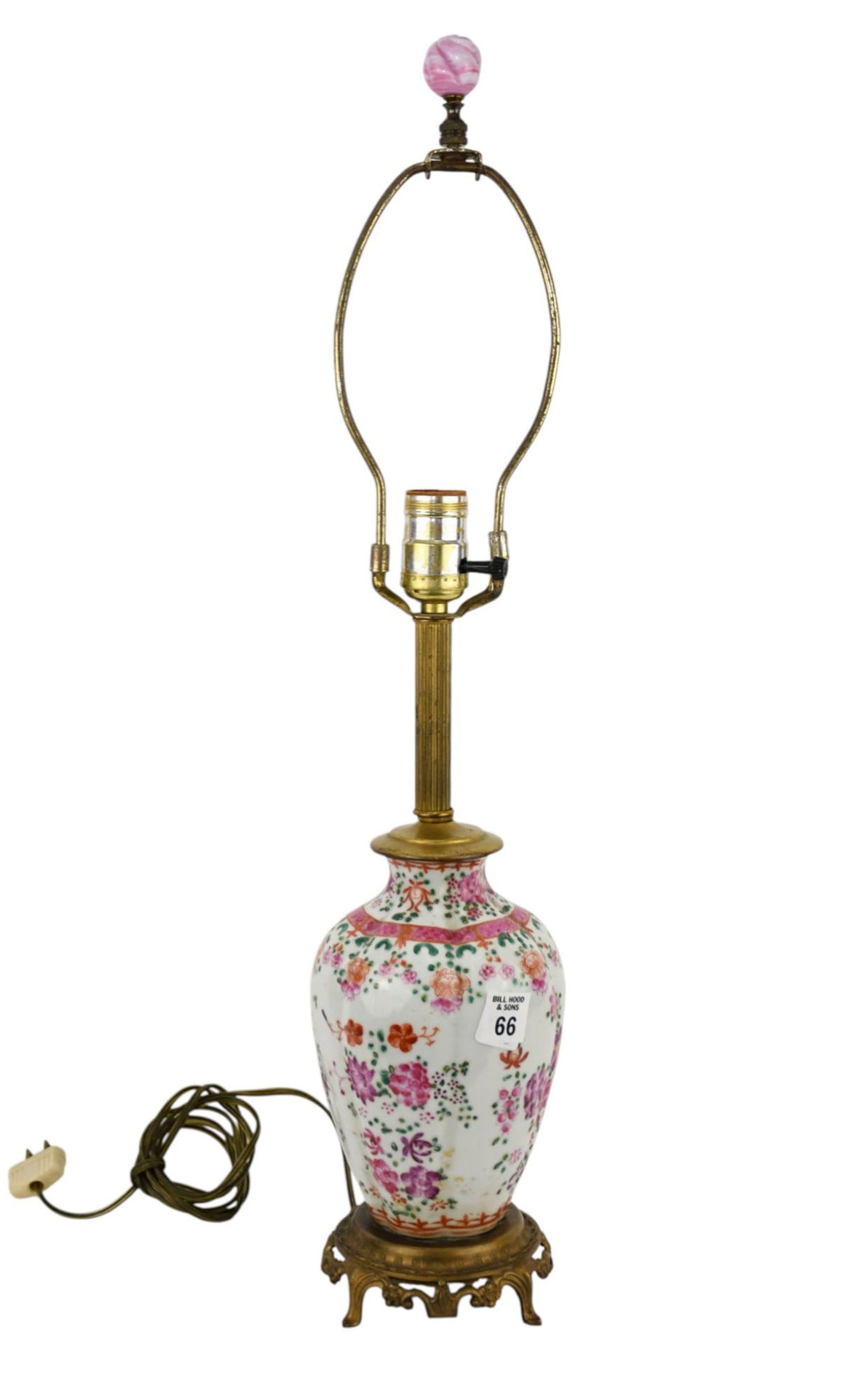 Chinese Porcelain Melon Shape Lamp with Floral Enameling Design & Carved Stone Finial, 25"h: Chinese Porcelain Melon Shape Lamp with Floral Enameling Design & Carved Stone Finial, 25"h