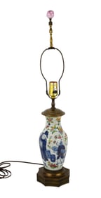 Chinese Porcelain Vase Form Lamp, Rose Medallion Style with Cobalt Blue Figures, 25"h