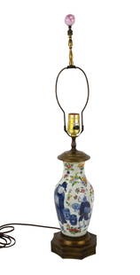 Chinese Porcelain Vase Form Lamp, Rose Medallion Style with Cobalt Blue Figures, 25"h: Chinese Porcelain Vase Form Lamp, Rose Medallion Style with Cobalt Blue Figures, 25"h