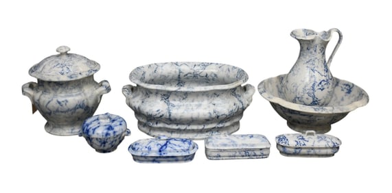 8 Pcs. English 19th C. Stamped Late Spode, One Davenport, Marble Pattern, Pitcher & Bowl, Footbath,