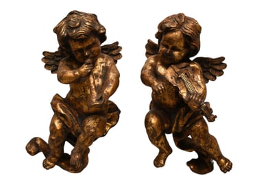 Pair Gilt Putti Wall Hangings with Instrument, 17"h
