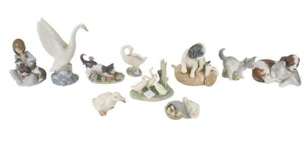10 Lladro & Nao Figures, Ducks, Cats, Dogs, Girl with Puppy & Kitten, 8"tallest, 7"widest