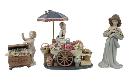 3 Lladro Figures, Girl with Flower Cart (12"h x 13"w x 10"d), Girl Holding Flower (11"h x 6"w x 6"d)