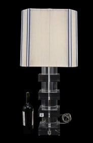 Lucite Lamp, Square and Circle Motif with Ivory & Stripe String Shade, 34"h to top of shade