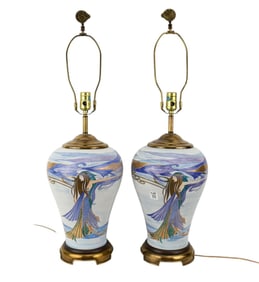 Pair of Bulbous Ceramic Form Lamps, Art Nouveau, Painted Motif Mermaid Design, 28"h x 10"w