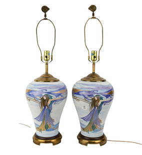Pair of Bulbous Ceramic Form Lamps, Art Nouveau, Painted Motif Mermaid Design, 28"h x 10"w: Pair of Bulbous Ceramic Form Lamps, Art Nouveau, Painted Motif Mermaid Design, 28"h x 10"w
