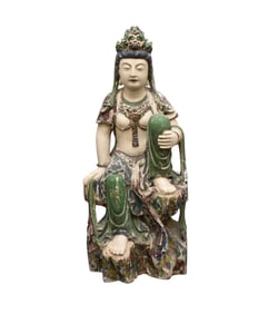 Large antique Chinese carved wood polychromed Quan yin sculpture   36" high x 15" wide x 13" deep