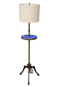 Brass Vintage Floor Lamp, Trifed Base, Blue Table Top, 54"h