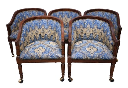 5 Mahogany Frame Upholstered Club Chairs on Wheels, Brass Nailheads, Blue Print (good