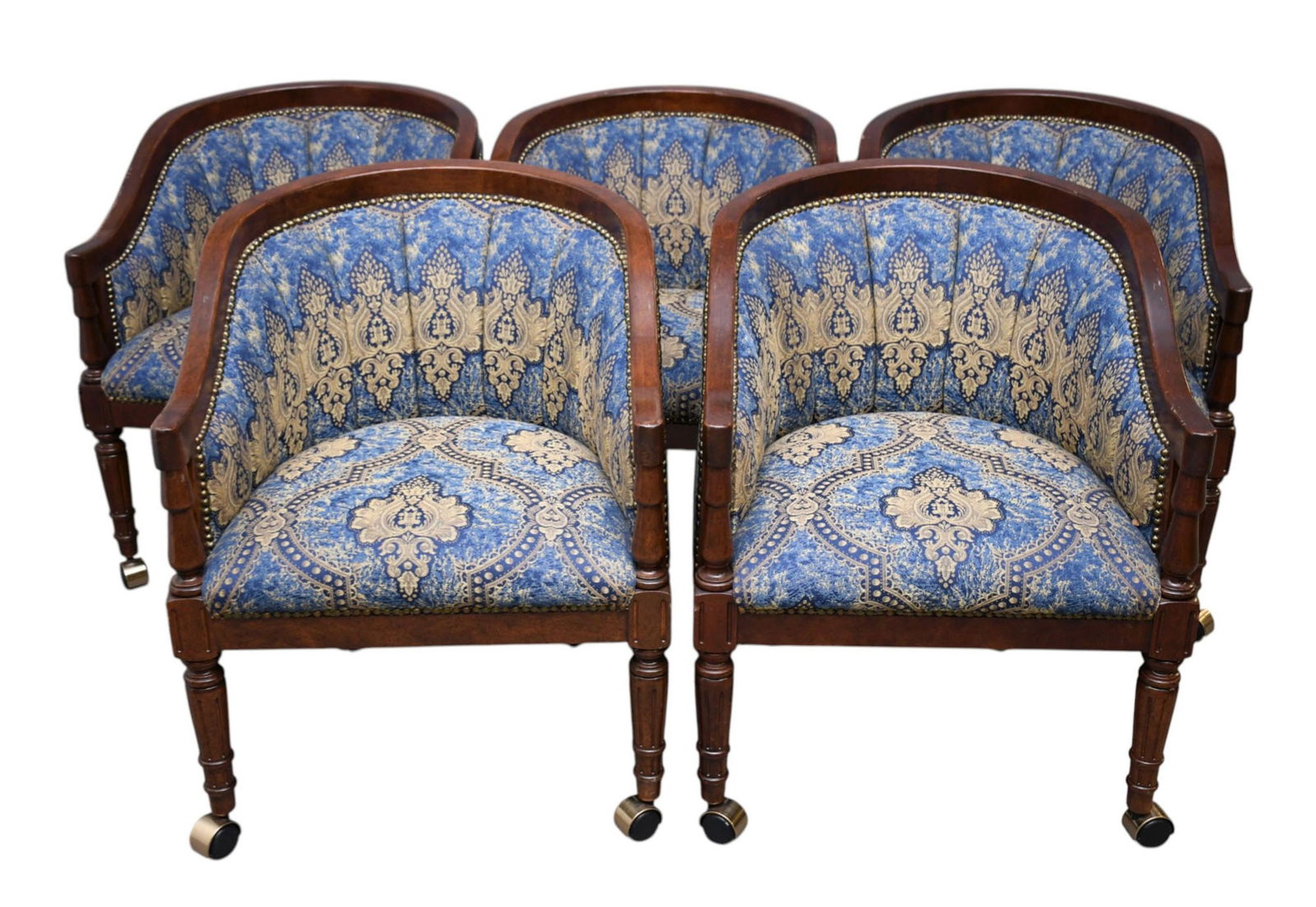 5 Mahogany Frame Upholstered Club Chairs on Wheels, Brass Nailheads, Blue Print (good (1 of 7)