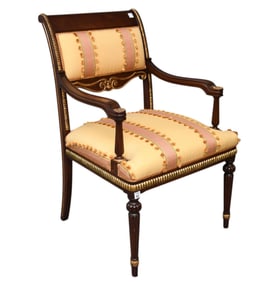 Mahogany Single Armchair, Inverted Trumpet Legs, Gold Accents & Gold Fabric, 37"h x 25"w x
