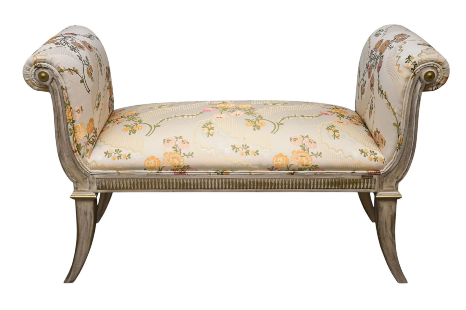 Whitewash Framed Upholstered Bench, 27"h x 44"w x: Whitewash Framed Upholstered Bench, 27"h x 44"w x 18"d ***If this item is not picked up by the Friday following the auction, it will be moved to offsite storage and pickup will be by appointment only,